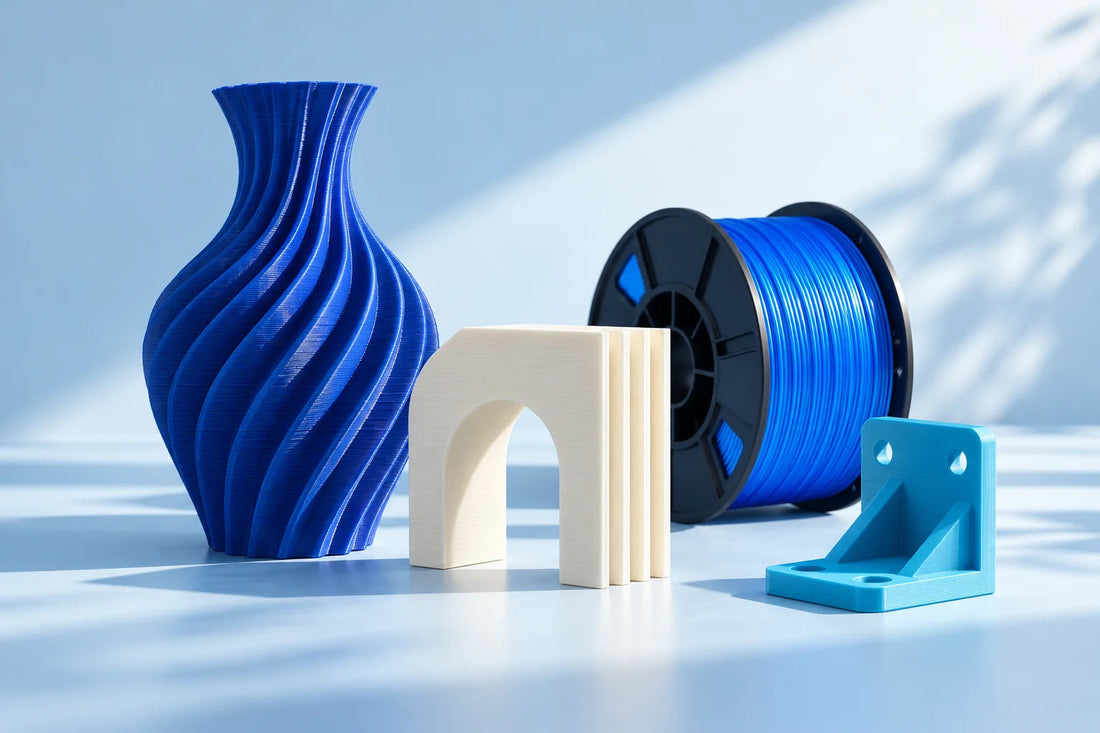 3D nyomtatott tárgyak és filamenttekercs – anyagkalauz illusztráció
