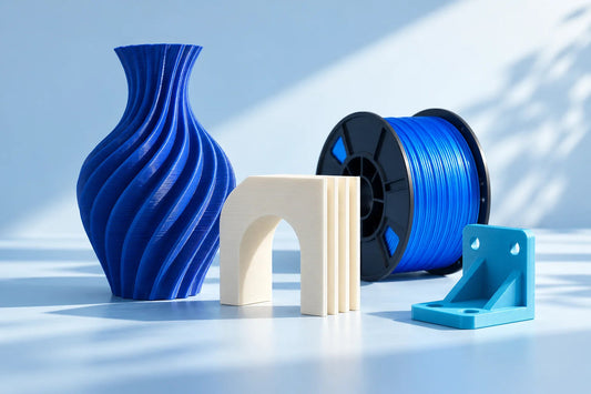 3D nyomtatott tárgyak és filamenttekercs – anyagkalauz illusztráció